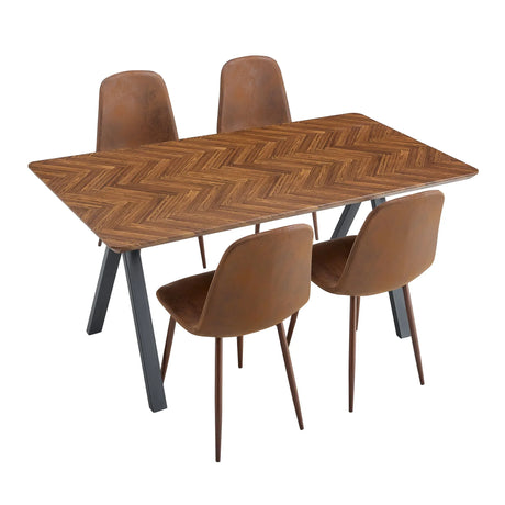 Suede Backrest Chairs With Metal Legs & Herringbone Dining Table Set - Furniture Home Direct