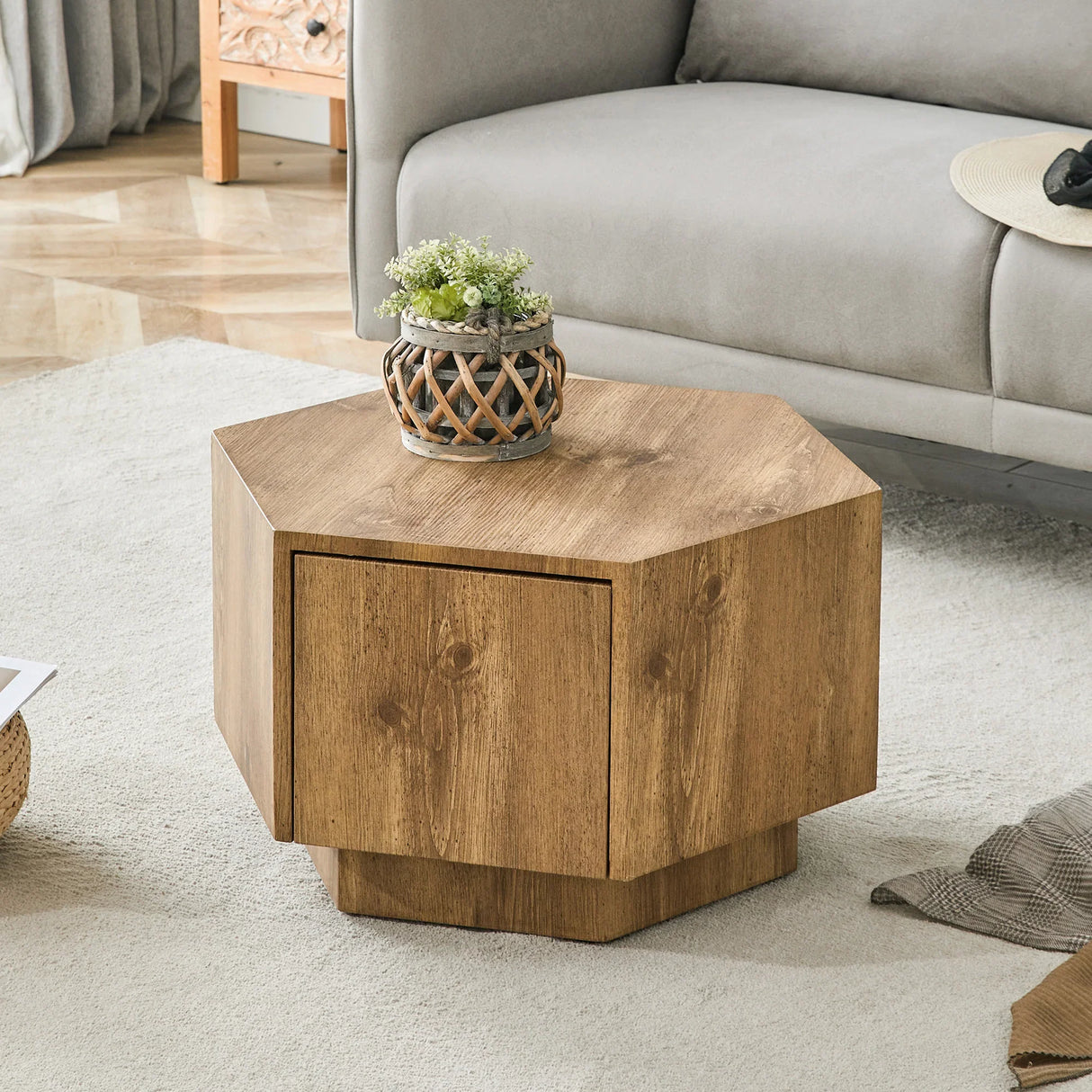 Coffee Table Hexagonal Drawer Unit Sleek Natural Wood - Furniture Home Direct