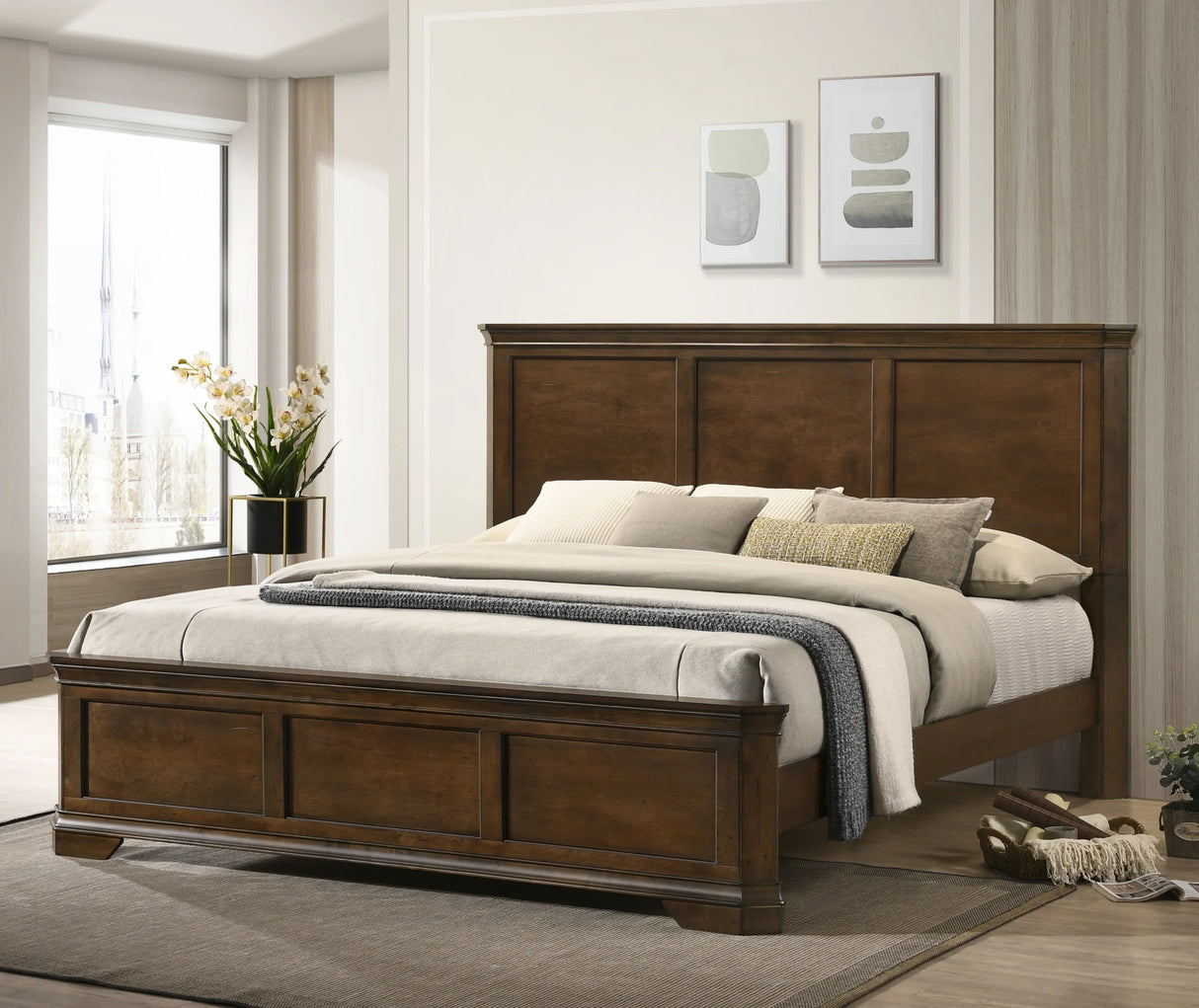King Panel Bed With Nightstands Traditional Wood Walnut - Furniture Home Direct