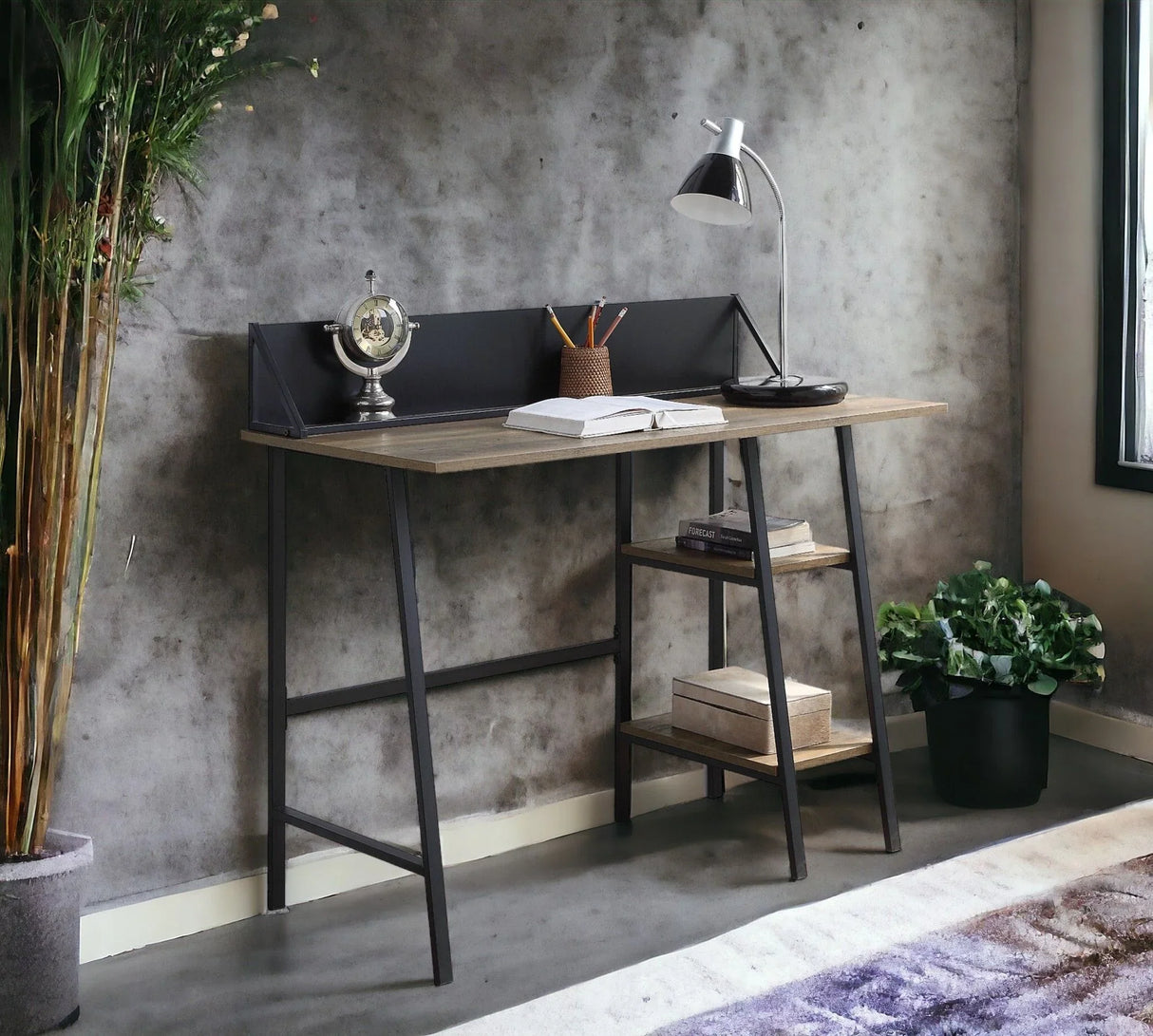 Garima - Legs Writing Desk - Rustic Oak / Black - Furniture Home Direct
