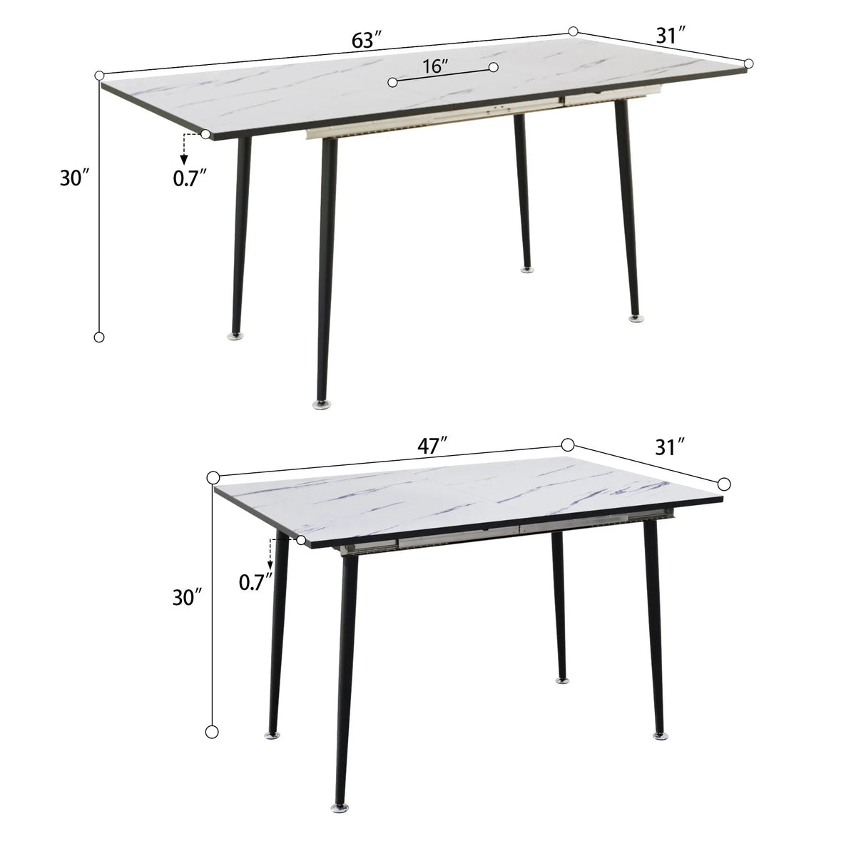 Modern Industrial Expandable Dining Table 47" To With Marble Pattern Top And Metal Legs - White - Furniture Home Direct