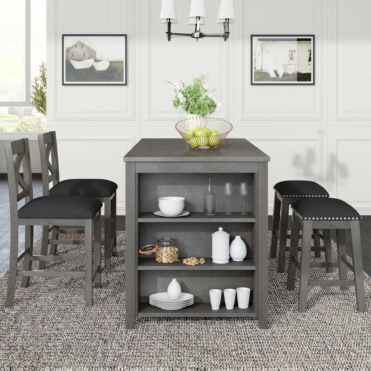 5 Pieces Counter Height Rustic Farmhouse Dining Room Wooden Bar Table Set With 2 Stools And 2 Chairs - Furniture Home Direct