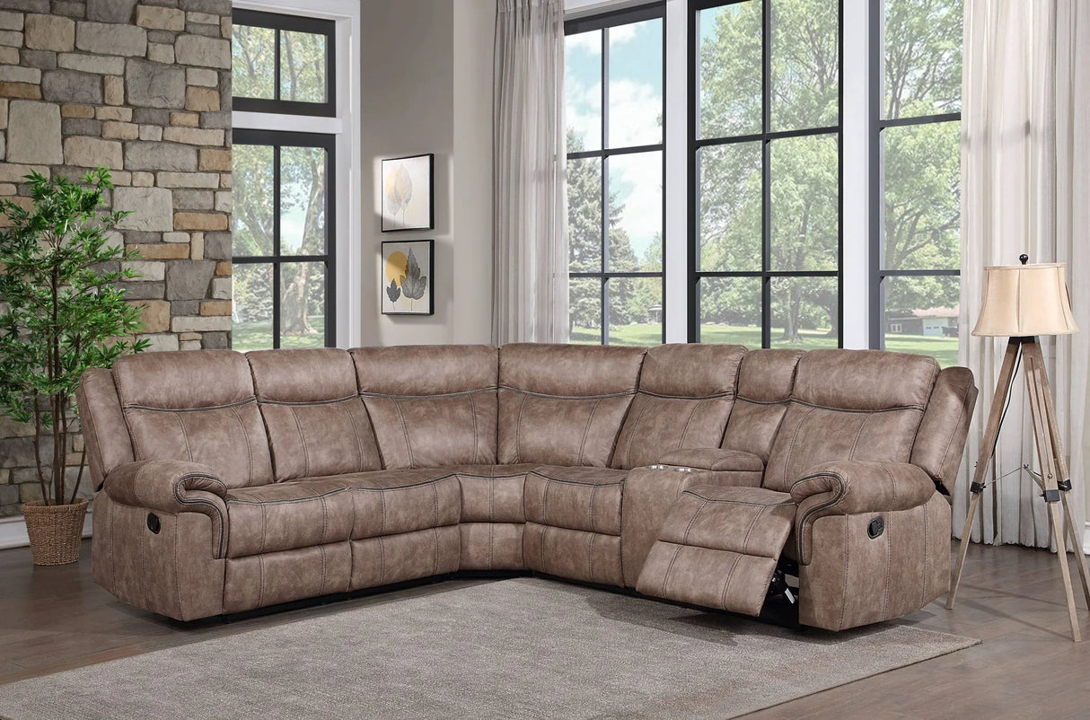 Dollum - Two Tone Nubuck Manual Recliner Sectional Sofa With USB Port Cupholder Console - Furniture Home Direct