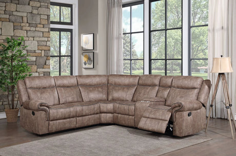 Dollum - Two Tone Nubuck Manual Recliner Sectional Sofa With USB Port Cupholder Console - Furniture Home Direct