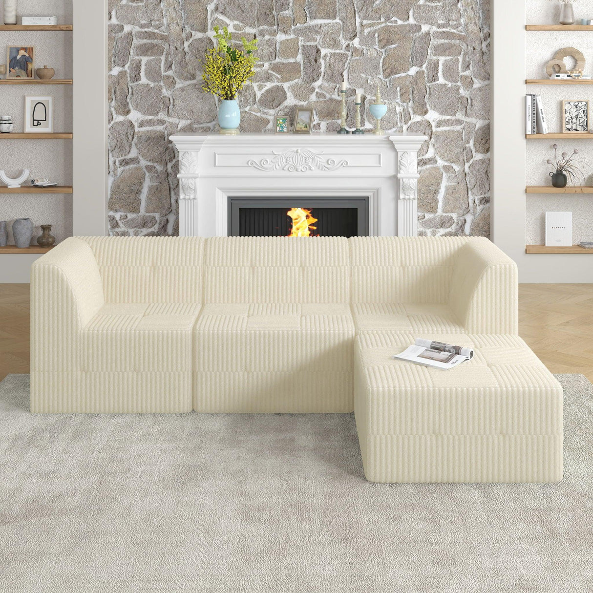 Modern Minimalist L Shape Modular Sectional Sofa, Sleeper Corduroy Couch - Furniture Home Direct