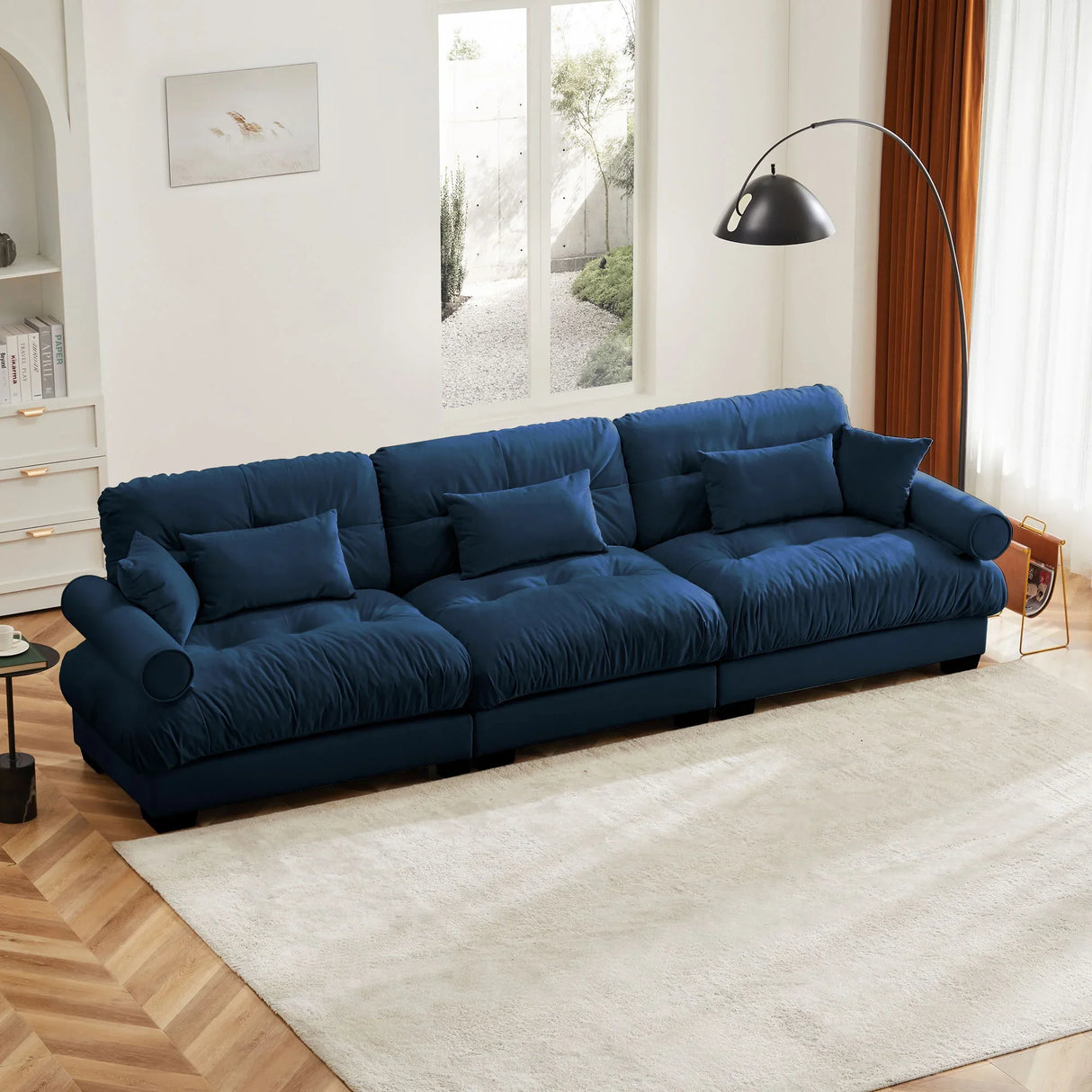 Modern Velvet Sofa With Bolstered Armrests And Pillows - Furniture Home Direct