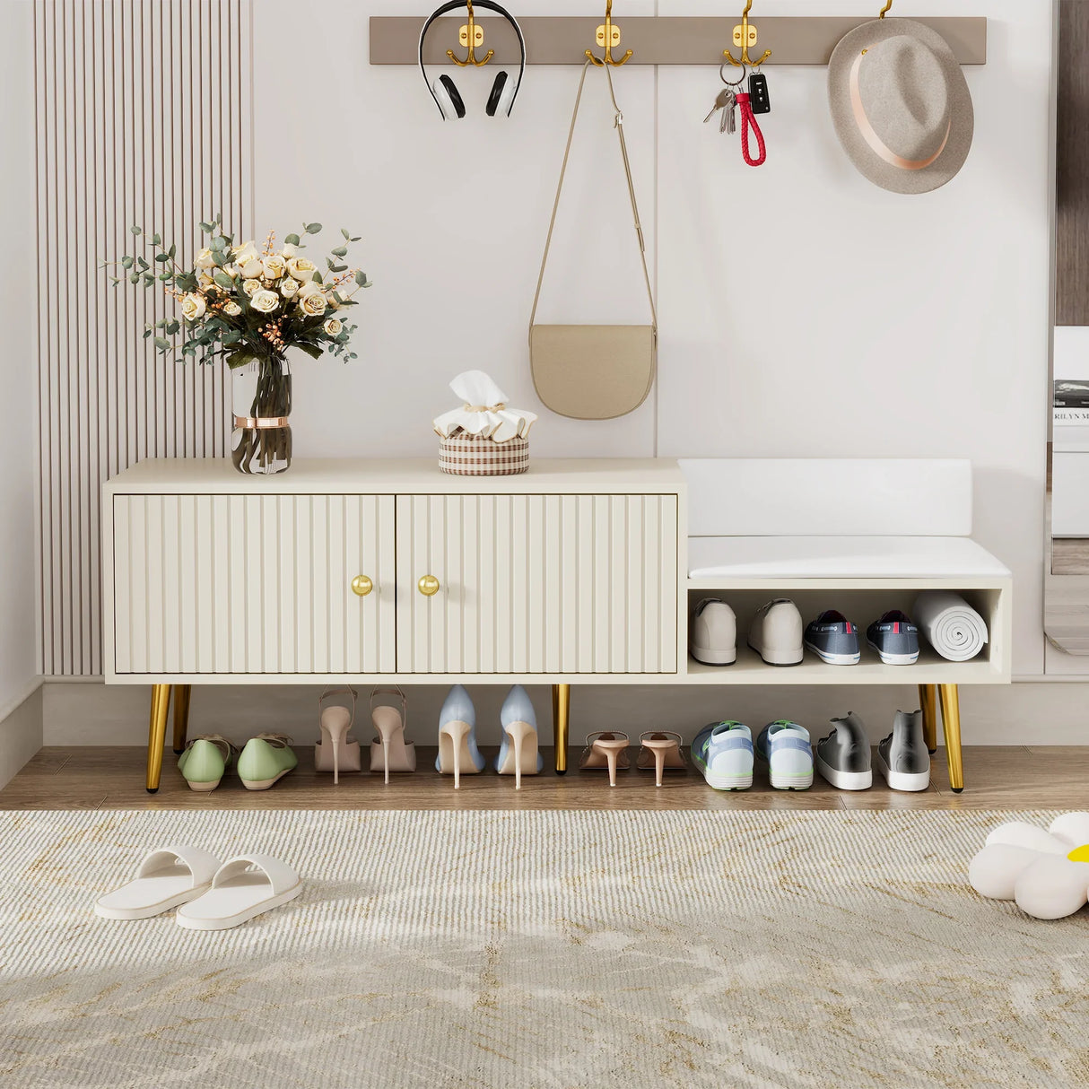 Modern Shoe Storage with Upholstered Cushions - Antique White - Furniture Home Direct