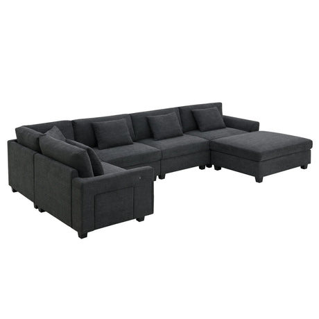 U Shaped Sectional Sofa 6 Seat Couch Set With Oversized Ottoman, Hidden Armrest Storage And Cup Holders USB Charging Ports Wide Seat Sofa - Furniture Home Direct