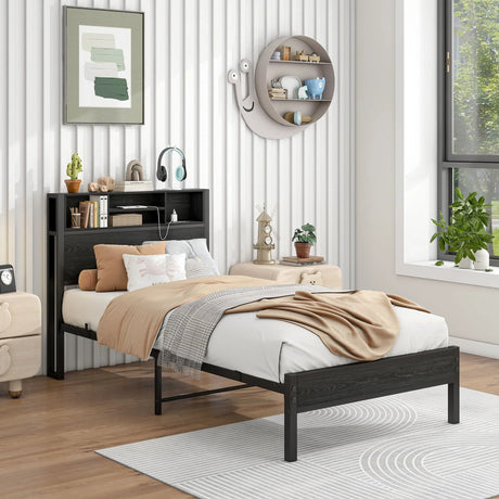 Modern Metal Platform Bed Frame With Storage Headboard And Charging Station - Furniture Home Direct