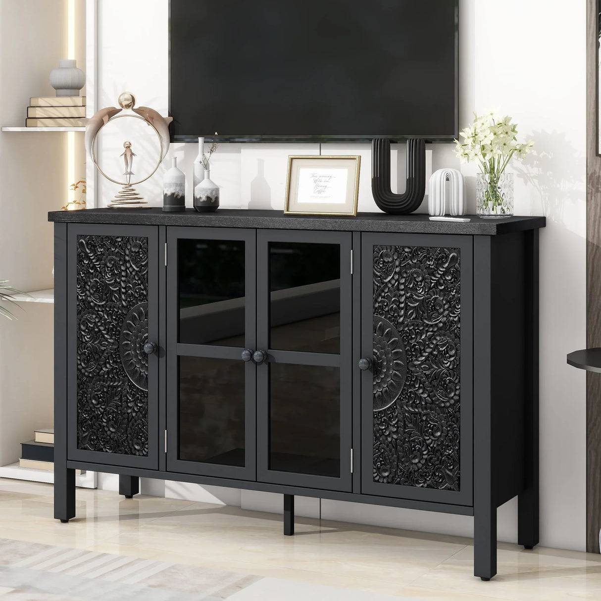 Retro TV Stand With 3 Spacious Cabinets, Glass Cabinet Doors And Anti-Tip Device - Furniture Home Direct