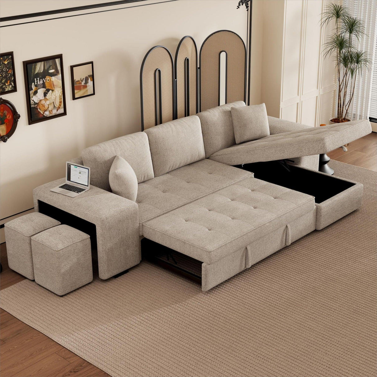 Modern L-Shape 3 Seat Reversible Sectional Couch, Pull Out Sleeper Sofa With Storage Chaise And 2 Stools For Living Room Furniture Set - Furniture Home Direct
