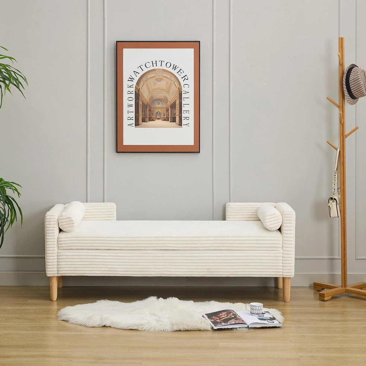 Wide Corduroy Storage Soft Bench With Armrests, Backrest And Two Bolster Pillows - Furniture Home Direct