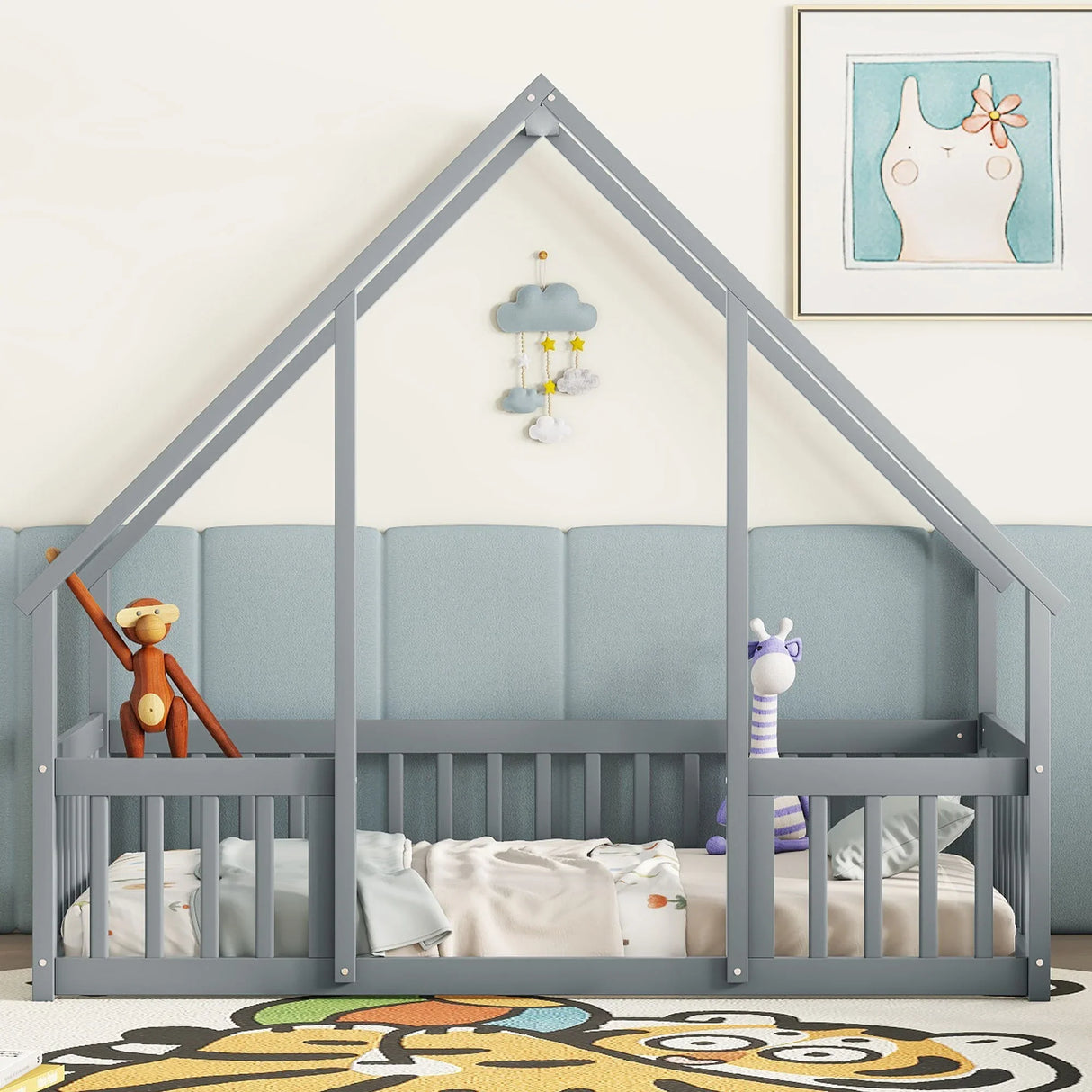 Wood House-Shaped Floor Bed With Fence, Guardrails - Furniture Home Direct