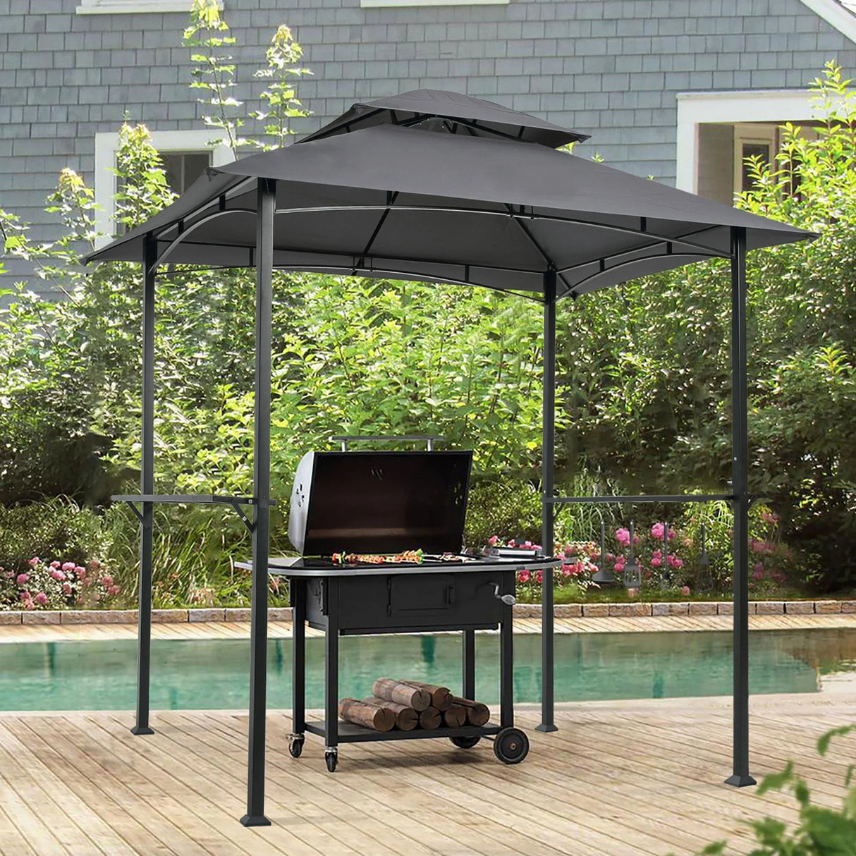 Outdoor Grill Gazebo With Double Tier Soft Top Canopy, Steel Frame, Bar Counters & Hook - Furniture Home Direct