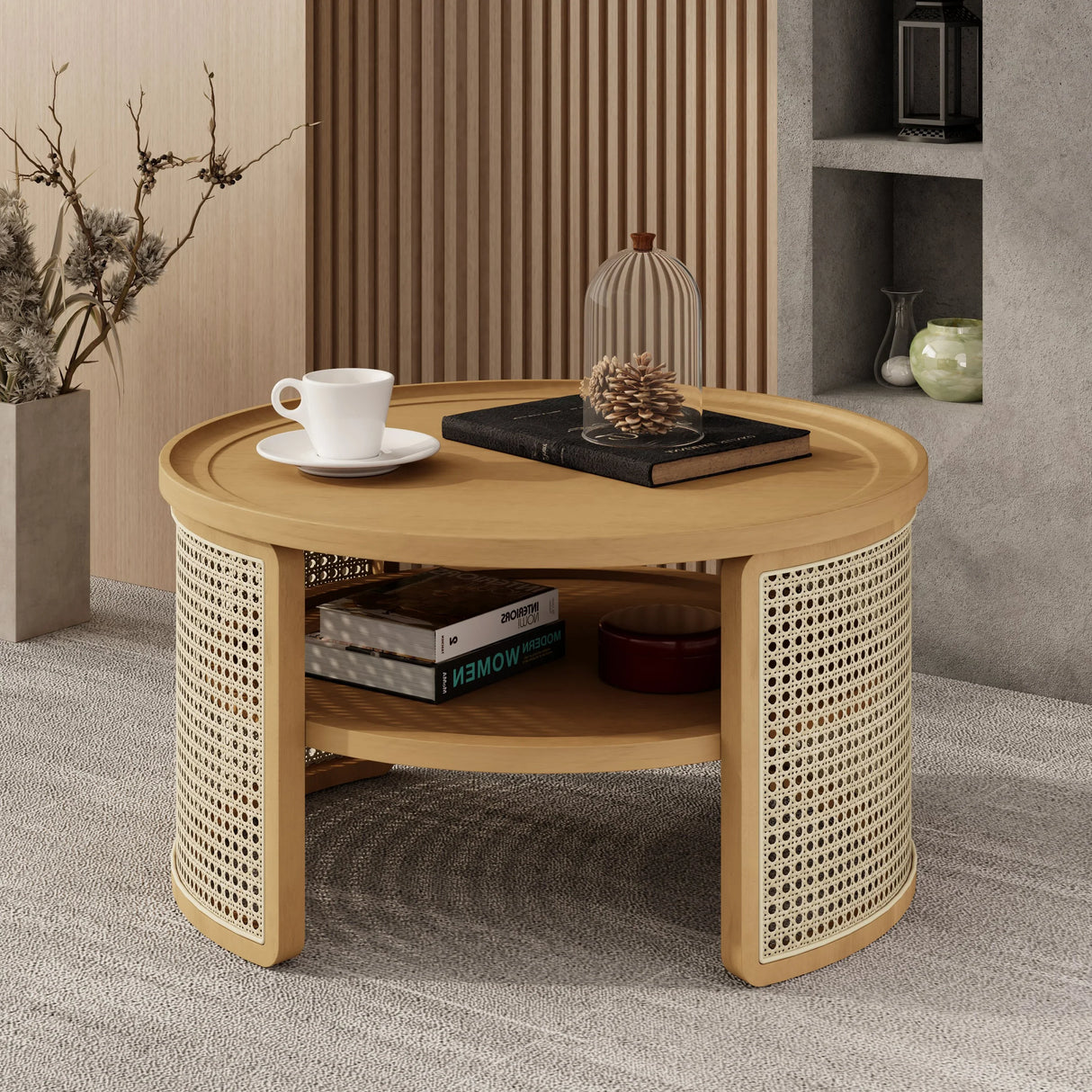 Round Coffee Table With Storage Caned Sides Natural - Furniture Home Direct