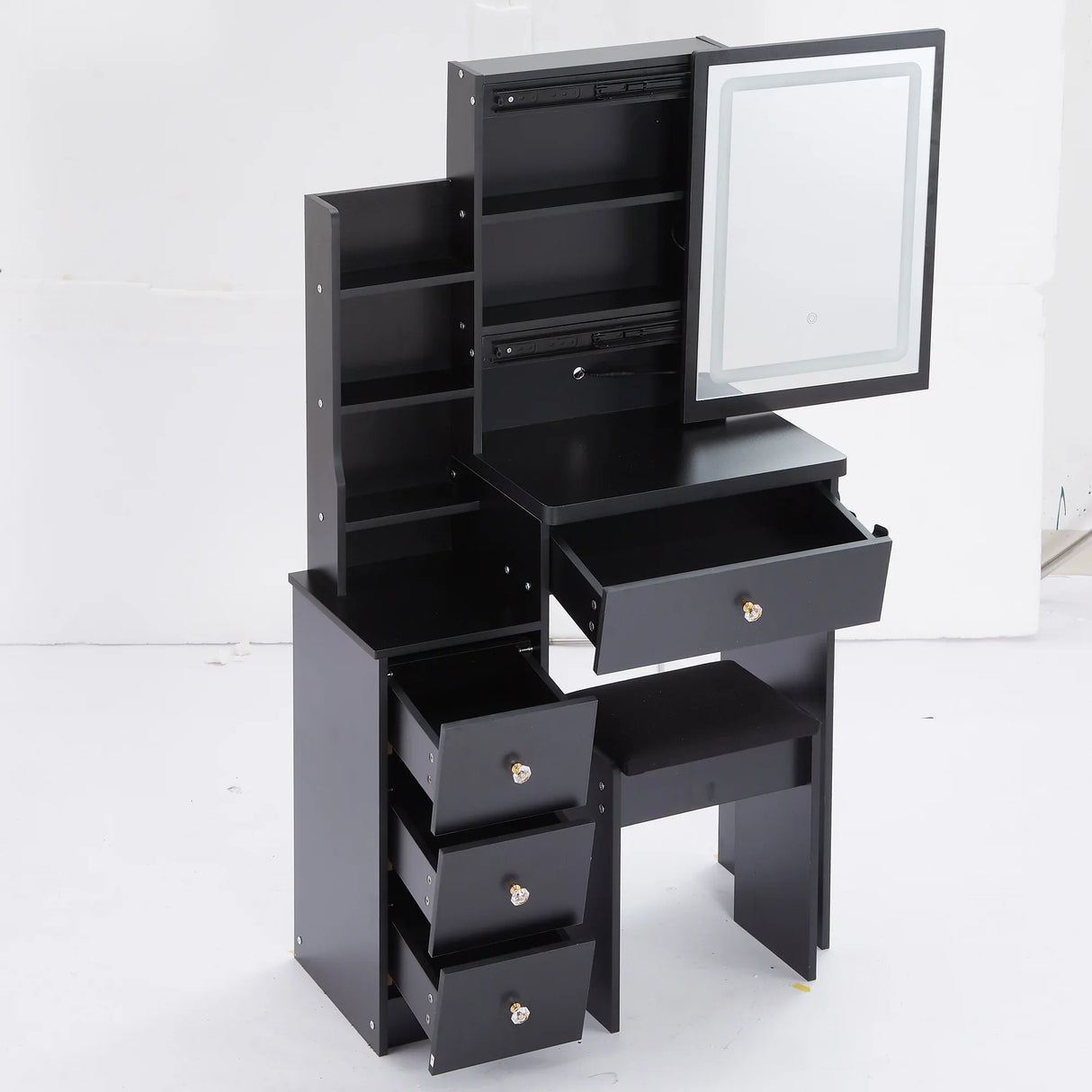 Vanity Desk With Cushioned Stool Lighted Mirror Black - Furniture Home Direct