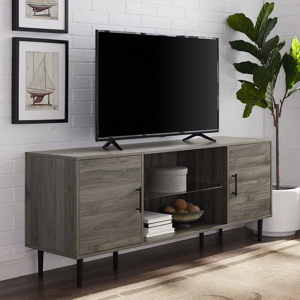 Mid-Century Modern 2 Door TV Stand With Glass Shelf - Furniture Home Direct