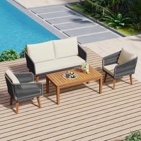 4-Piece Patio Conversation Set with Loveseat, 2 Chairs, Coffee Table + Cushions - Gray - Furniture Home Direct
