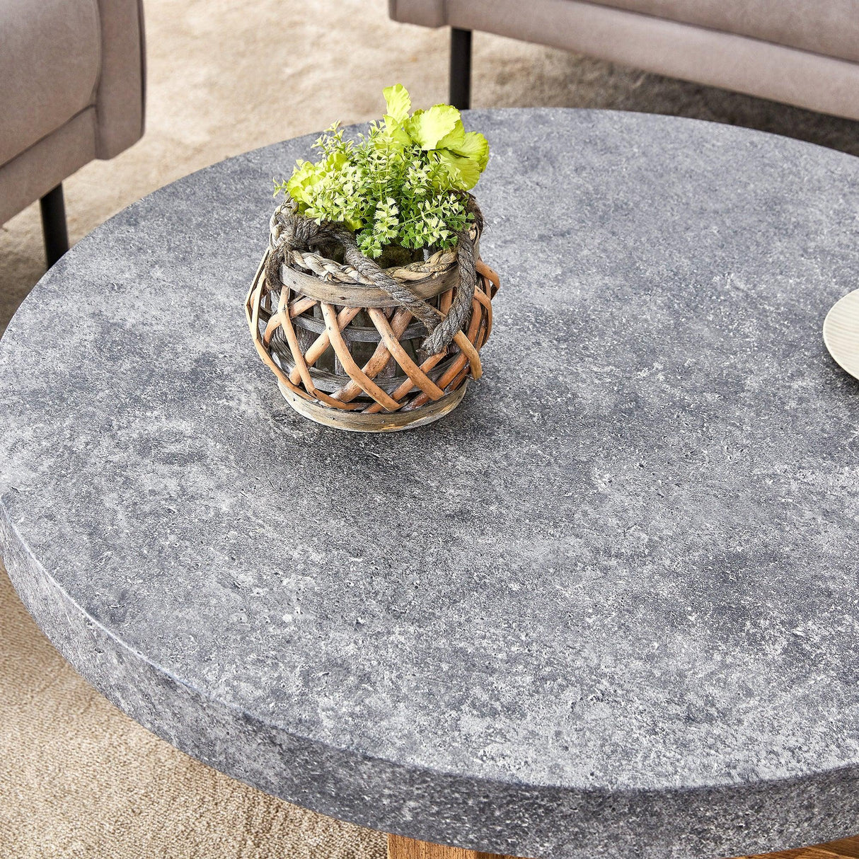 Coffee Table Round Stone Finish Wood Base Contemporary Gray - Furniture Home Direct