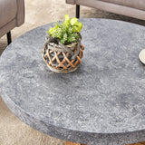 Coffee Table Round Stone Finish Wood Base Contemporary Gray - Furniture Home Direct