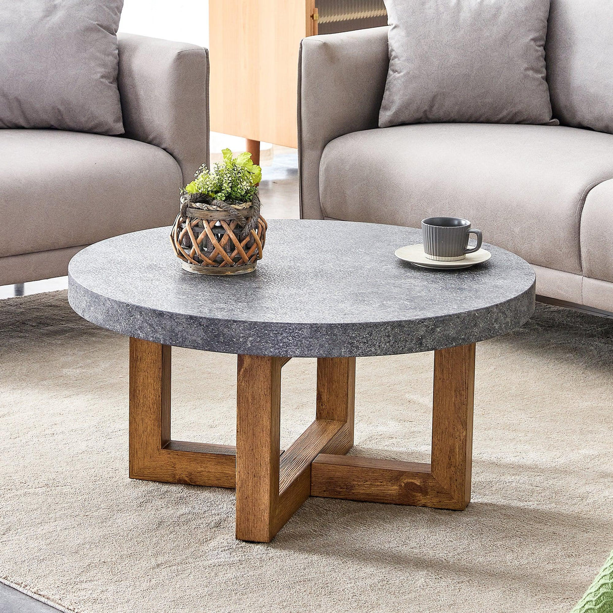 Coffee Table Round Stone Finish Wood Base Contemporary Gray - Furniture Home Direct