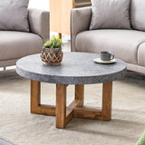 Coffee Table Round Stone Finish Wood Base Contemporary Gray - Furniture Home Direct