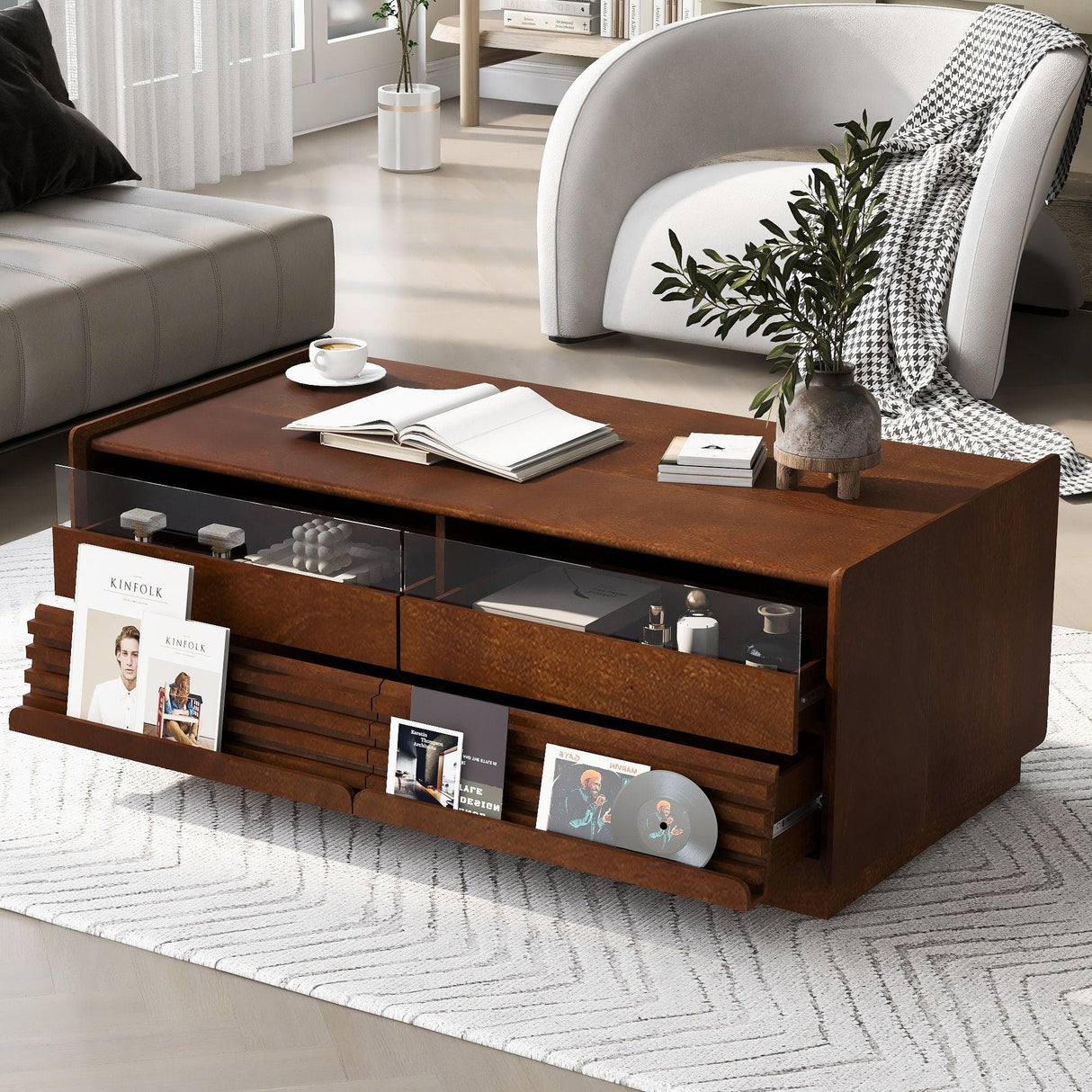 Modern Rectangle Coffee Table With 4 Drawers And 2 Display Shelves - Furniture Home Direct