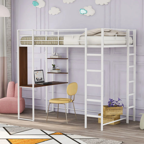 Hearth & Haven - Twin Metal Loft Bed With 2 Shelves And One Desk - White - Furniture Home Direct