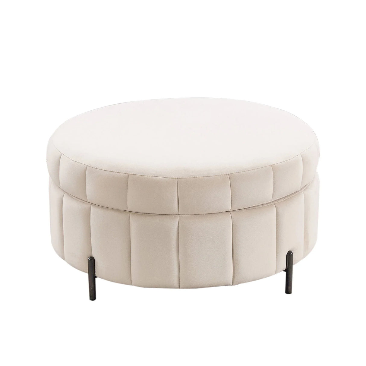 Upholstered Round Ottoman With Reversible Lid, Channel Tufted Pumpkin Shape - Furniture Home Direct