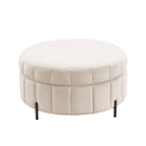 Upholstered Round Ottoman With Reversible Lid, Channel Tufted Pumpkin Shape - Furniture Home Direct
