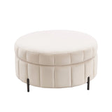 Upholstered Round Ottoman With Reversible Lid, Channel Tufted Pumpkin Shape - Furniture Home Direct
