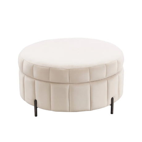 Upholstered Round Ottoman With Reversible Lid, Channel Tufted Pumpkin Shape - Furniture Home Direct