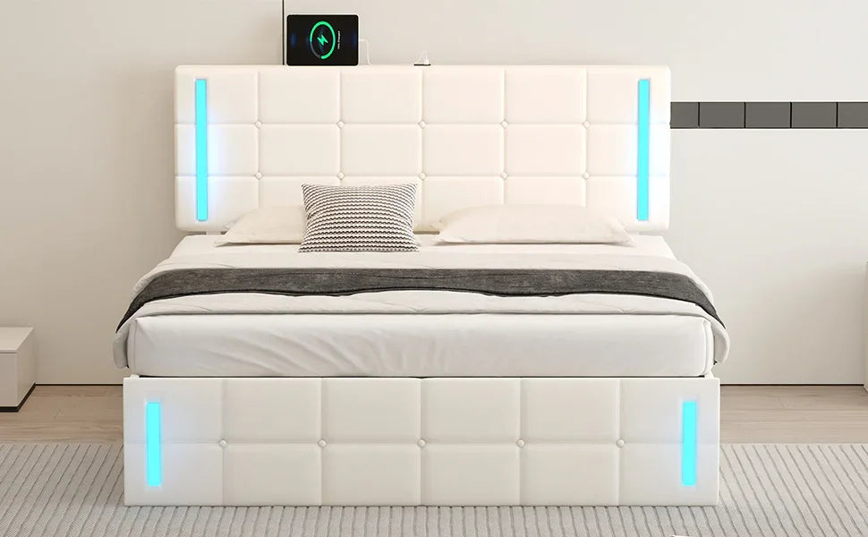 Storage Bed With LED Lights And Hydraulic Lift White - Furniture Home Direct