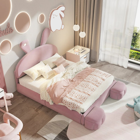Full Size Upholstered Platform Bed with Cartoon Ears Shaped Headboard and Light, Pink - Furniture Home Direct