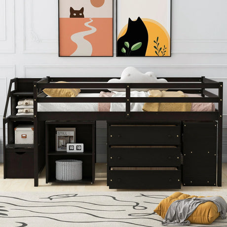 Loft Bed With Retractable Writing Desk And 3 Drawers With Storage Stairs And Shelves - Furniture Home Direct