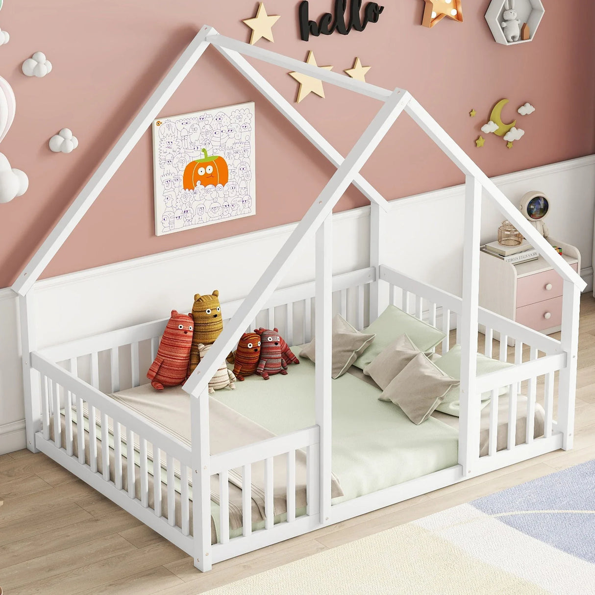 Wood House-Shaped Floor Bed With Fence, Guardrails - Furniture Home Direct