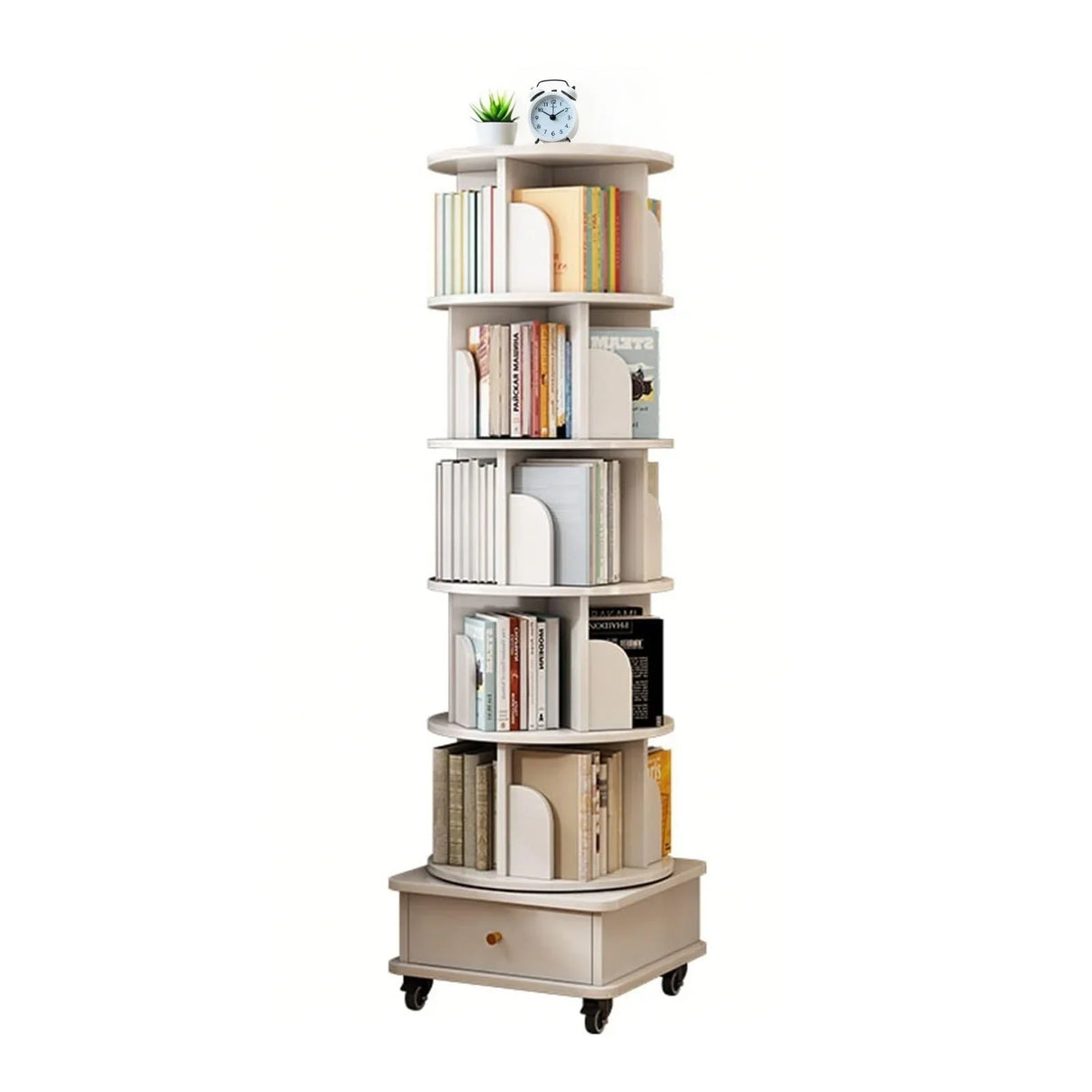Rotating Bookshelf With Wheels And Drawer, 360° Spinning Design, Space Saving Storage - Furniture Home Direct