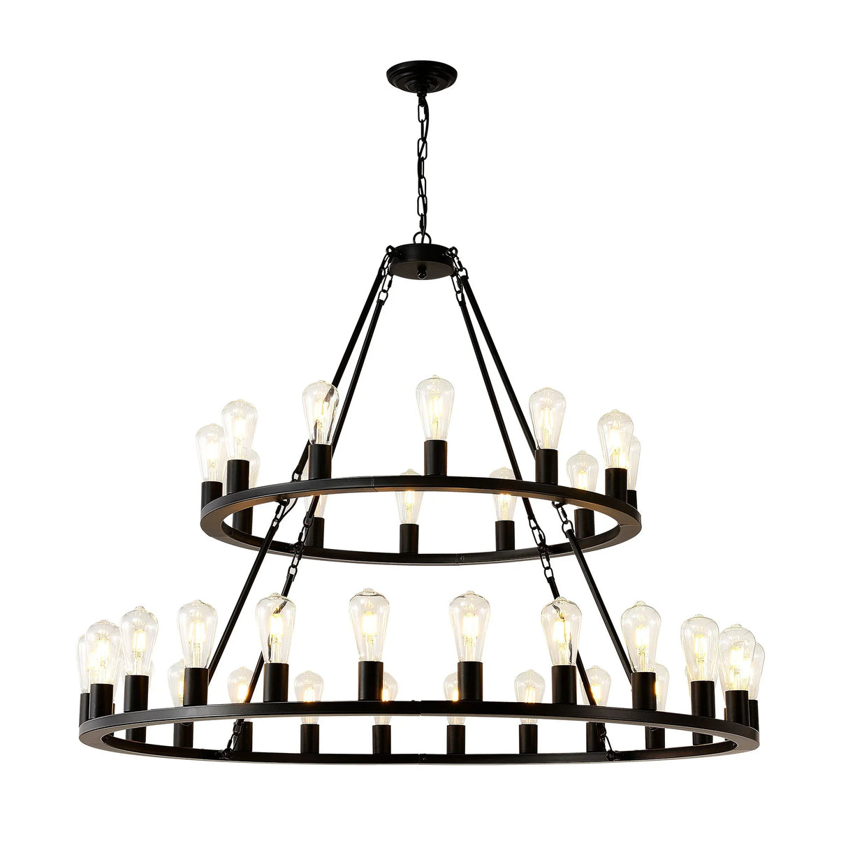 Extra Large Wagon Wheel Chandelier, 2 Tier 36 Lights (No Include) Farmhouse Industrial Round High Ceiling Pendant Light Adjustable Chain, For Dining Room, Living Room, Kitchen - Black - Furniture Home Direct