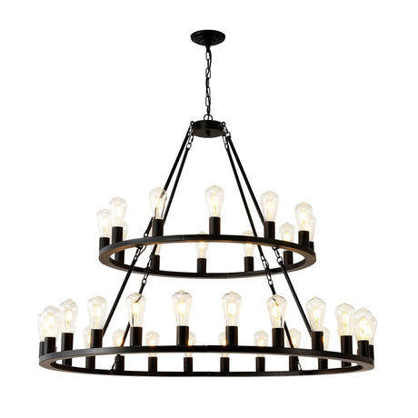 Extra Large Wagon Wheel Chandelier, 2 Tier 36 Lights (No Include) Farmhouse Industrial Round High Ceiling Pendant Light Adjustable Chain, For Dining Room, Living Room, Kitchen - Black - Furniture Home Direct
