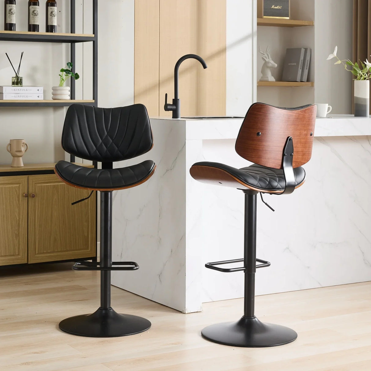 Counter Stool Adjustable PU Leather Upholstered Black - Furniture Home Direct