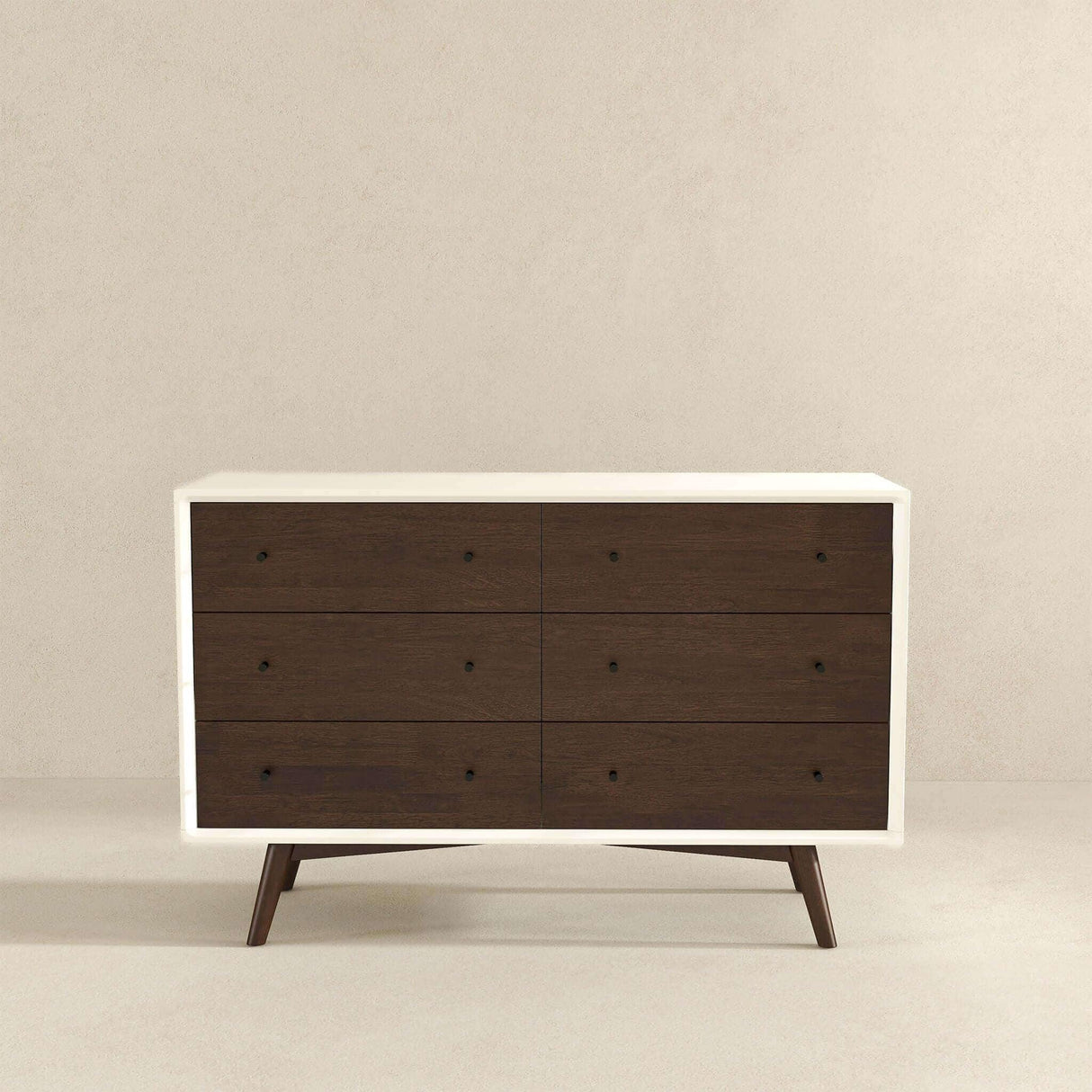 Mid-Century Modern White Dresser 6 Drawer - Dark Brown / White - Furniture Home Direct