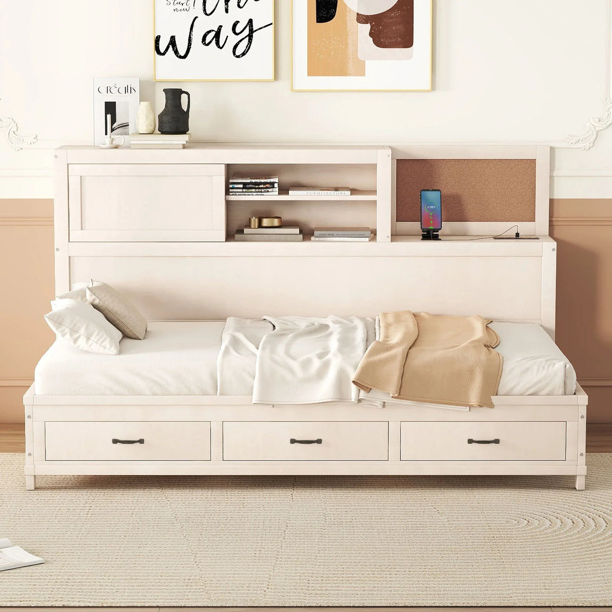 Twin Size Daybed With 3 Storage Drawers, Upper Soft Board, Shelf, And A Set Of Sockets And USB Ports - White - Furniture Home Direct
