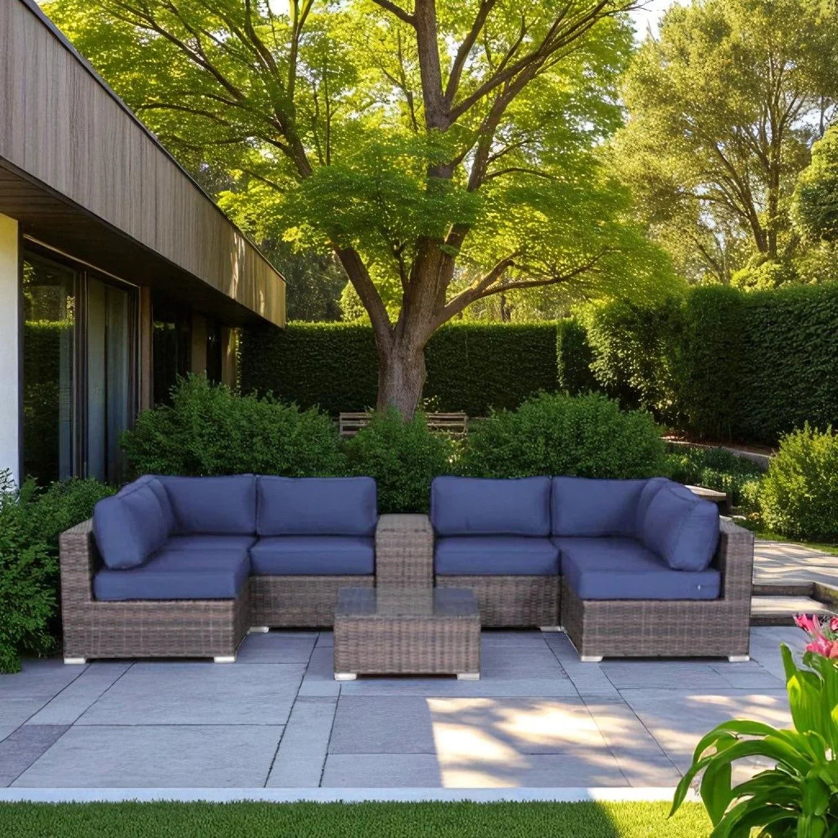Elegant 4 Person Wicker Patio Seating Set With Cushions And Glass Top Table - Furniture Home Direct
