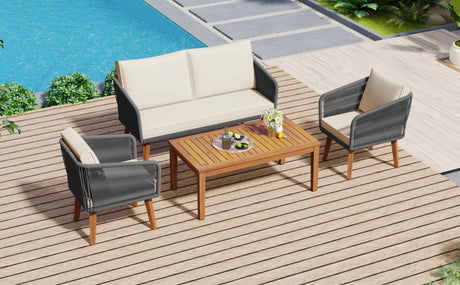 4-Piece Patio Conversation Set with Loveseat, 2 Chairs, Coffee Table + Cushions - Gray - Furniture Home Direct