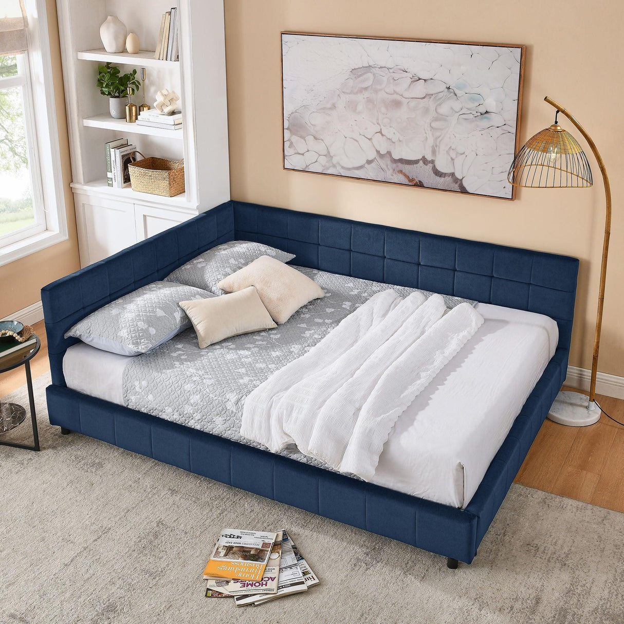 Mid-Century Storage Upholstered Tufted Bed Frame With Backrest And Armrests - Furniture Home Direct