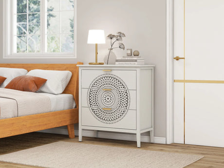 3 Drawer Cabinet With Hollow Carved 3 Drawer Dresser Storage Chest With Metal Handles For Entryway Living Room Bedroom - Beige - Furniture Home Direct