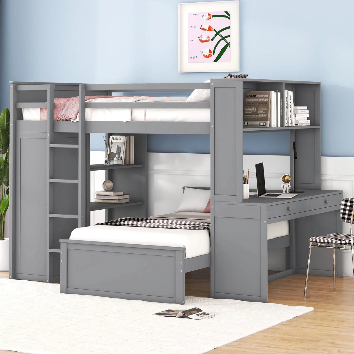 Loft Bed With A Twin Size Standalone Bed, Shelves, Desk, And Wardrobe - Furniture Home Direct