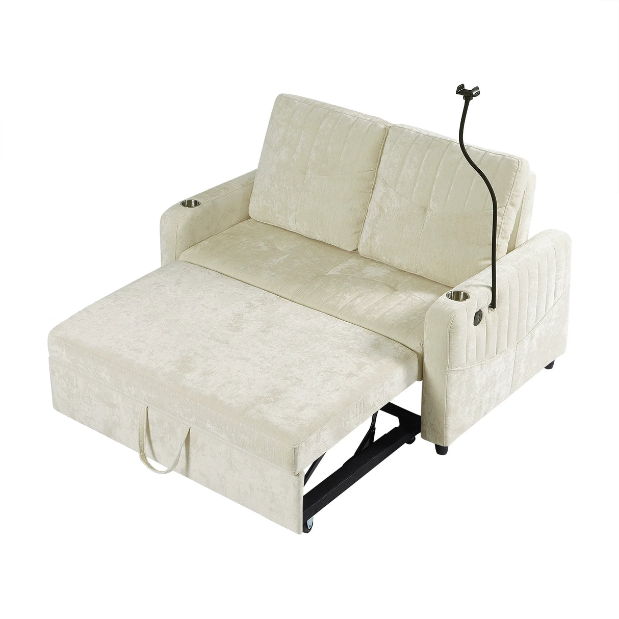 Sleeper Sofa With Adjustable Backrest, Two Cup Holders, Phone Holder, Three Charging Ports And Side Storage Pockets- Beige - Furniture Home Direct