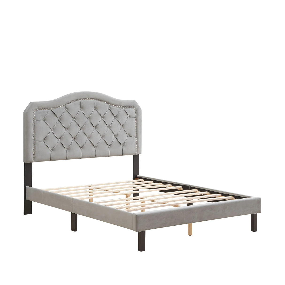 Queen Platform Upholstered Bed Button Tufted With Curve Design, Strong Wood Slat Support - Gray - Furniture Home Direct