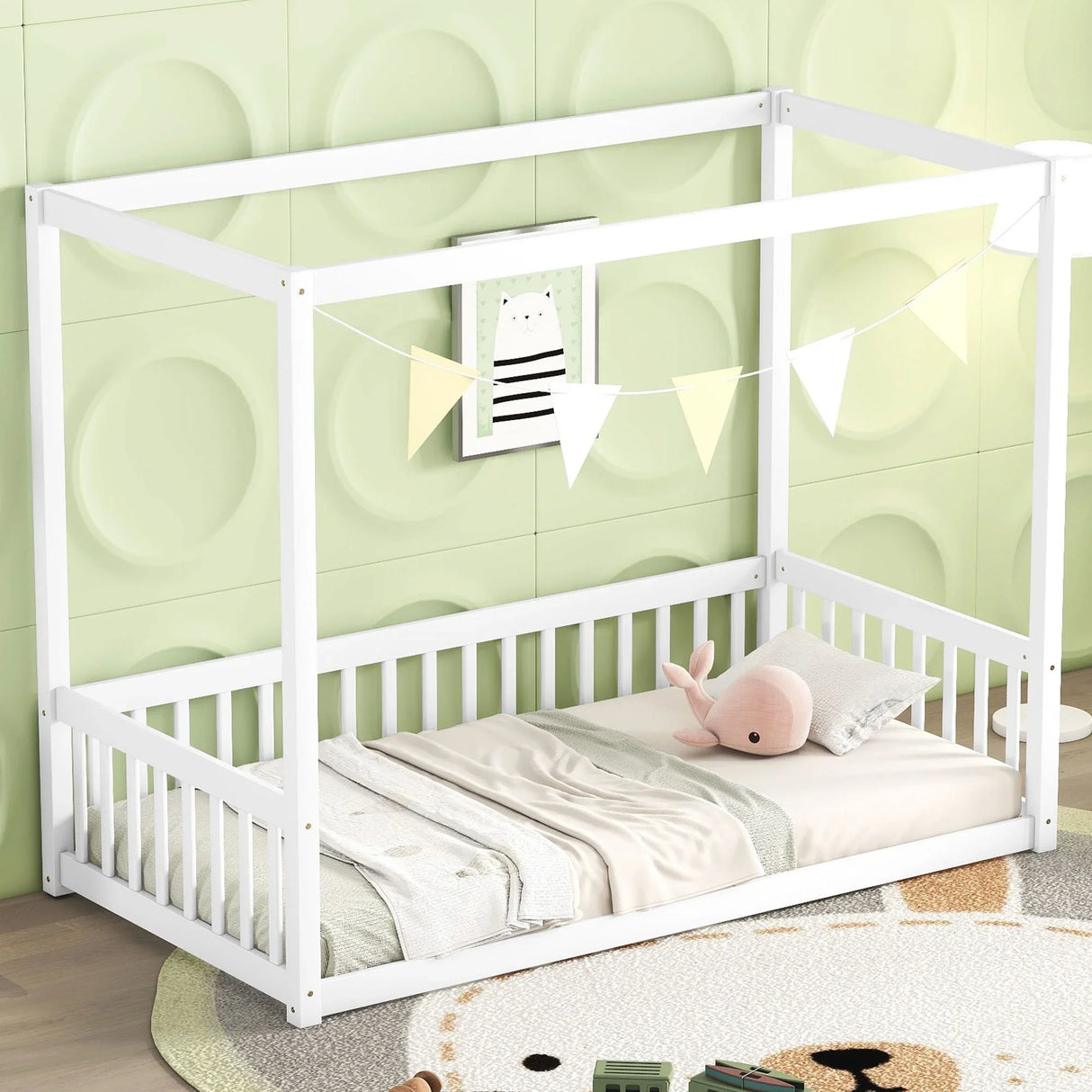 Canopy Frame Floor Bed With Fence, Guardrails - Furniture Home Direct
